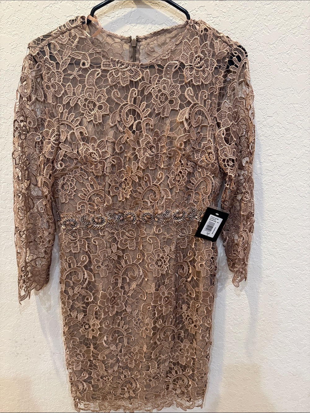 MARINA Taupe Lace Long-Sleeve Beaded Waist Dress